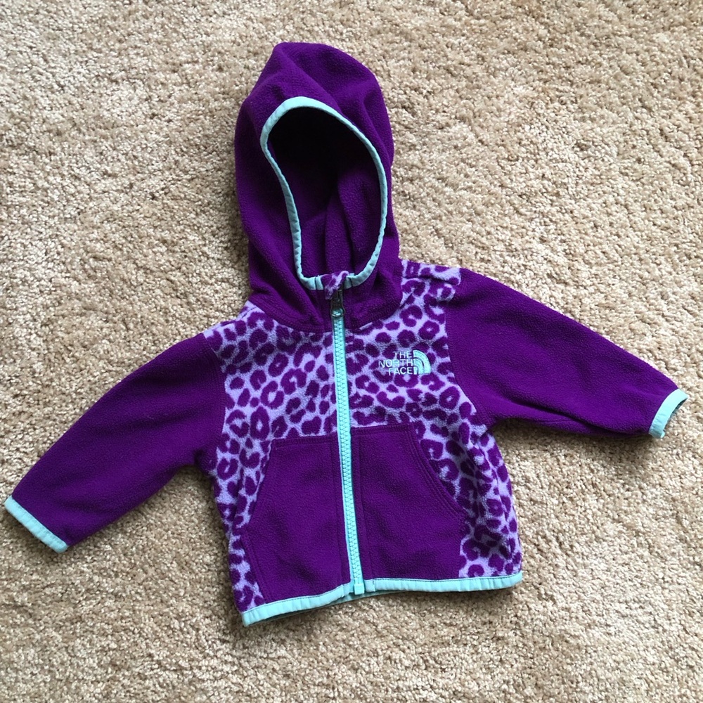 North Face fleece 0-3 months Purple animal print hood full zip